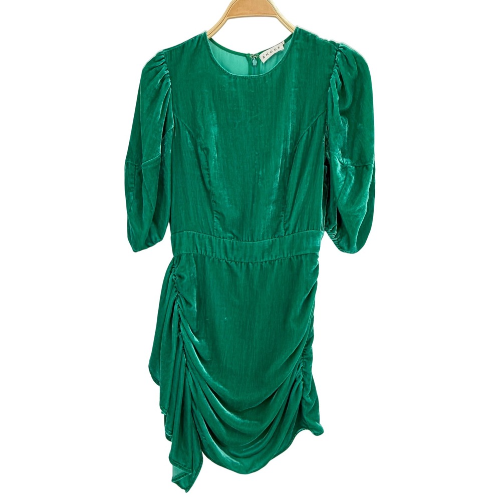 Rhode‎ Velvet Mini Dress Womens 2 Emerald Green Excellent Puff Sleeve Ruched